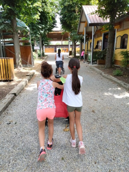 Due bambine spingono una carrozzina lungo un viale alberato