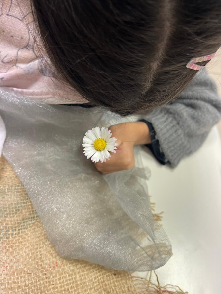 Una bambina tiene in mano una margherita