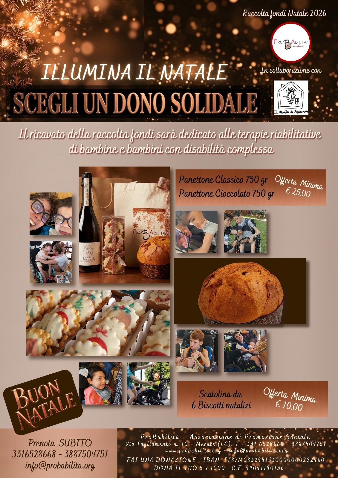 Volantino della raccolta fondi di Natale 2026: panettone classico o al cioccolato e scatolina di 6 biscotti, con le offerte minime