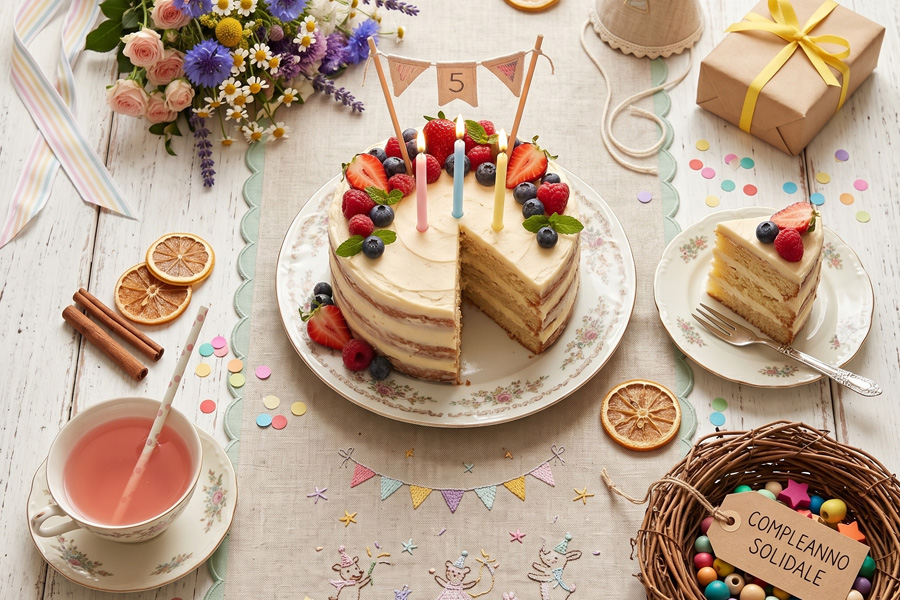 Una torta di compleanno con le candeline, tra pacchetti regalo