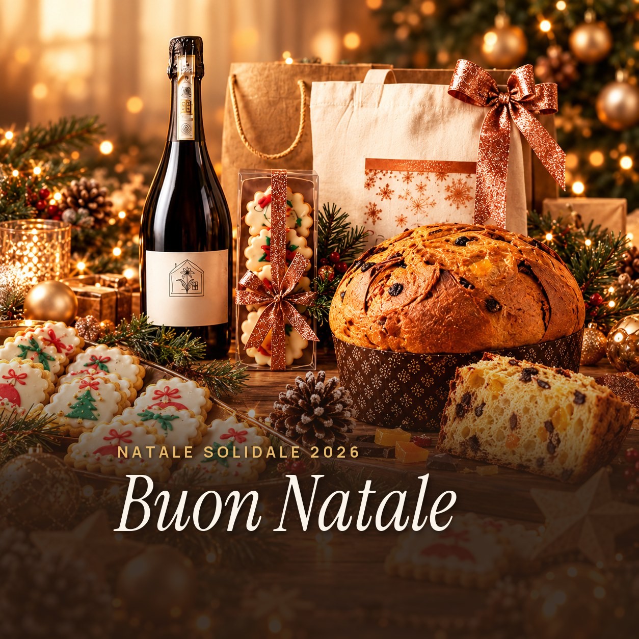 Panettone, biscotti di Natale decorati, Prosecco e un sacchetto regalo su una tavola addobbata, con la scritta Buon Natale