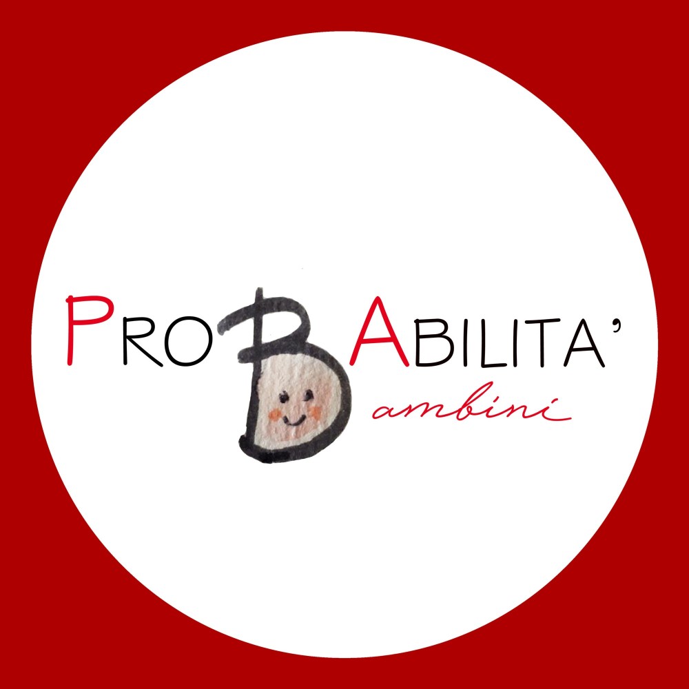 Il logo di ProBabilità bambini in un cerchio bianco su fondo rosso