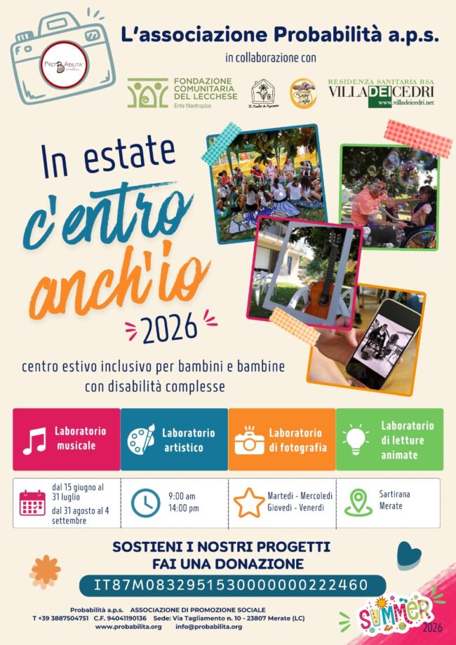 Volantino In estate c’entro anch’io 2026 Volantino del centro estivo inclusivo In estate c'entro anch'io 2026 di Probabilità a.p.s.